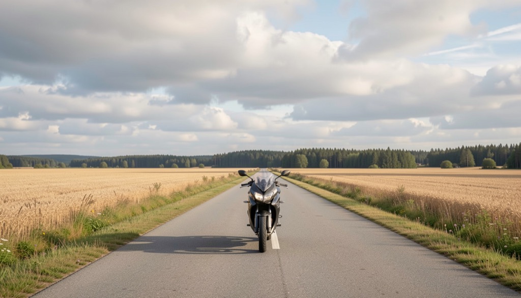 Motorcykel på en rak svensk landsväg med sensommarfält och mjukt molnljus