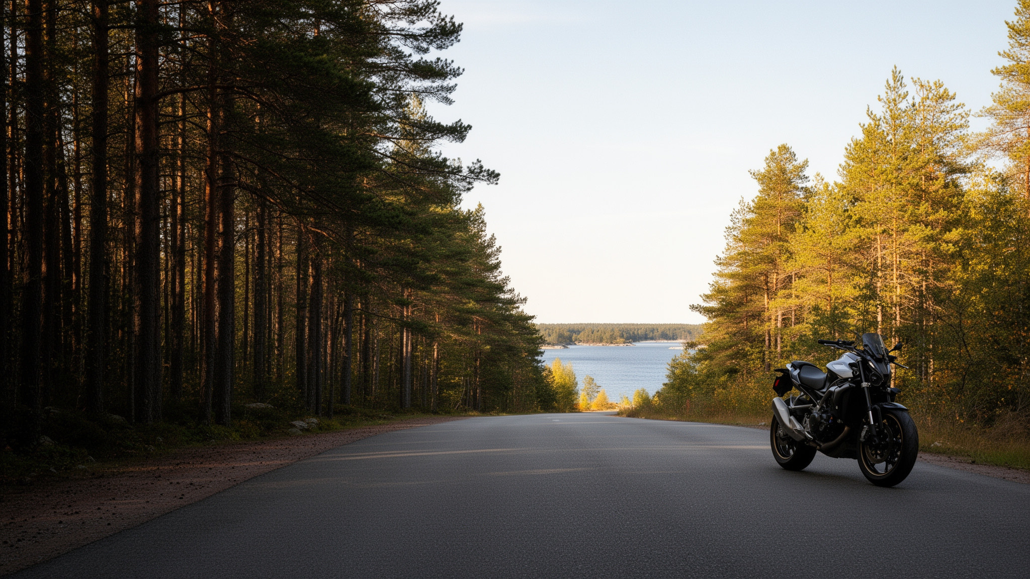 Motorcykel på en lugn Roslagsväg med vatten och skog i bakgrunden