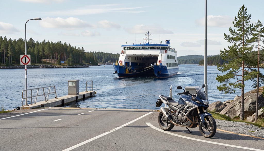 Vägskylt och parkerad motorcykel nära vatten och bebyggelse i Roslagen